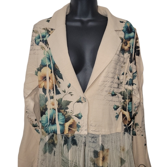 ORIGAMI Victorian Lace TulleTeal Hibiscus Western Print Cardigan Duster L - Picture 3 of 6